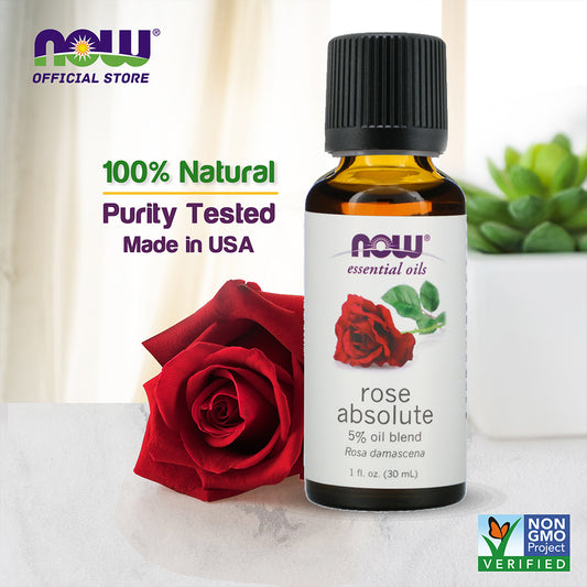 NOW Essential Oils, Rose Absolute, 5% Blend of Pure Rose Absolute Oil in Pure Jojoba Oil, Romantic Aromatherapy Scent, Vegan, Child Resistant Cap, 1-Ounce (30 ml) - Bloom Concept