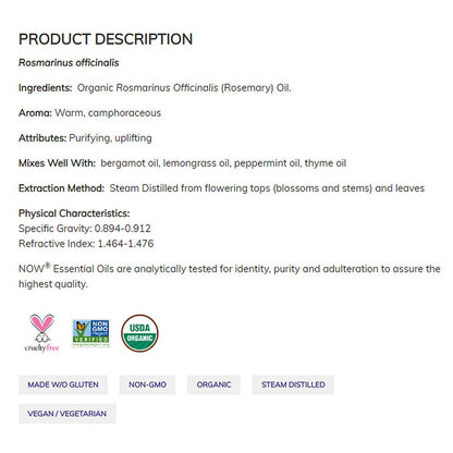 NOW FOODS Essential Oils, Rosemary Oil, Purifying Aromatherapy Scent, Steam Distilled, 100% Pure, Vegan, Child Resistant Cap, 4-Ounce (30 ml)(118 ml) Essential oils NOW Foods USA