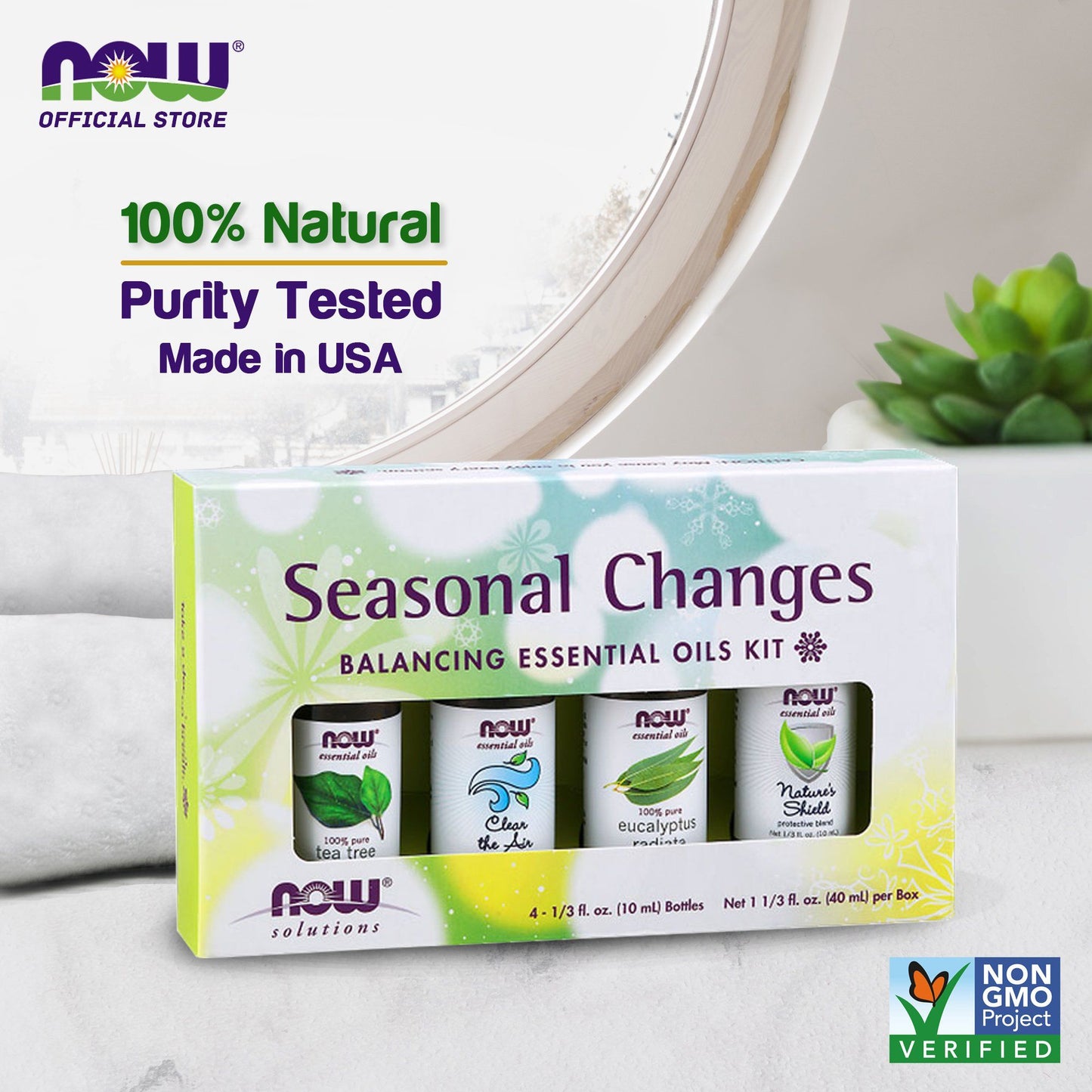 (Best by 04/24) NOW Seasonal Changes Balancing Aromatherapy Kit, 4x10ml Incl Tea Tree, Eucalyptus Radiata, Clear the Air and Nature's Shield Oil Blend - Bloom Concept