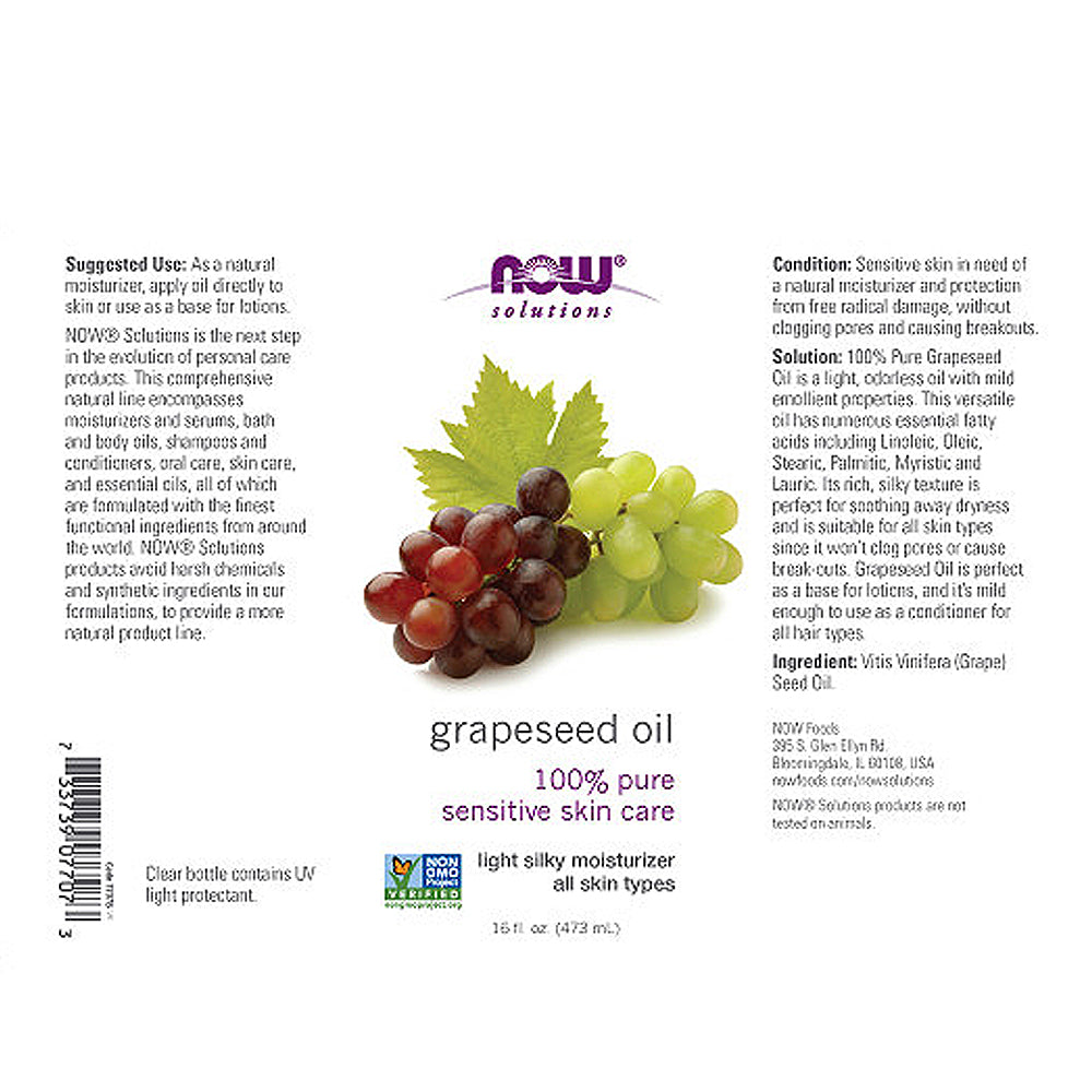 NOW Solutions, Grapeseed Oil, Skin Care for Sensitive Skin, Light Silky Moisturizer for All Skin Types, 16-Ounce (473 ml) - Bloom Concept