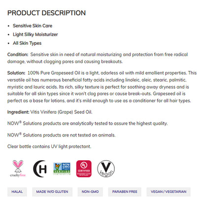 NOW Solutions, Grapeseed Oil, Skin Care for Sensitive Skin, Light Silky Moisturizer for All Skin Types, 16-Ounce (473 ml) Personal Care NOW Foods USA