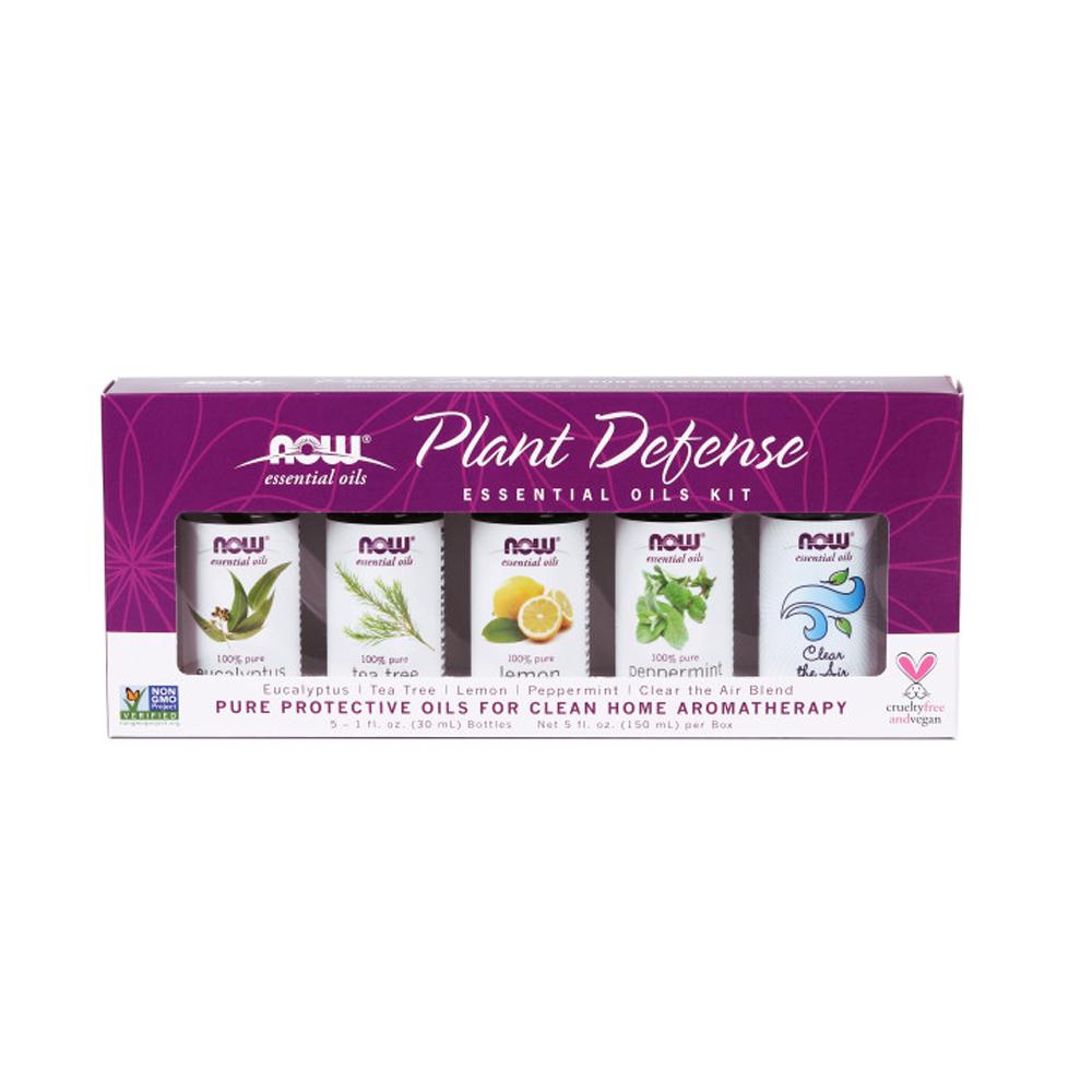NOW Plant Defense Essential Oils Kit, 5x30ml including: Eucalyptus, Tea Tree, Lemon, Peppermint and Clean the Air Essential Oils - Bloom Concept