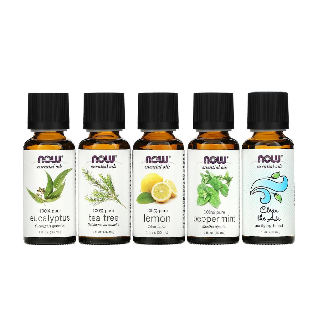 NOW Plant Defense Essential Oils Kit, 5x30ml including: Eucalyptus, Tea Tree, Lemon, Peppermint and Clean the Air Essential Oils - Bloom Concept