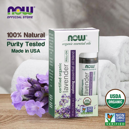 NOW Essential Oils, Lavender Roll-On, Certified Organic, Calming Blend, Steam Distilled, Topical Aromatherapy, 10-mL Essential oils NOW Foods USA