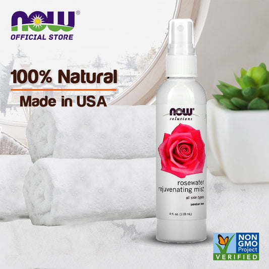 NOW Solutions Rosewater Rejuvenating Mist, Hydration and Rejuvenation Spray for All Skin and Hair Types, 4 fl oz (118 ml) - Bloom Concept