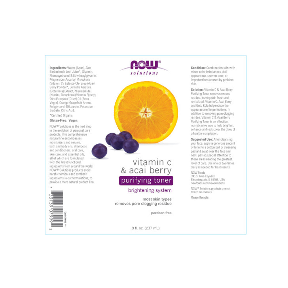 NOW Solutions, Vitamin C and Acai Berry Purifying Toner, Brightening System, Removes Pore-Clogging Residue, 8 fl oz (237 ml) - Bloom Concept