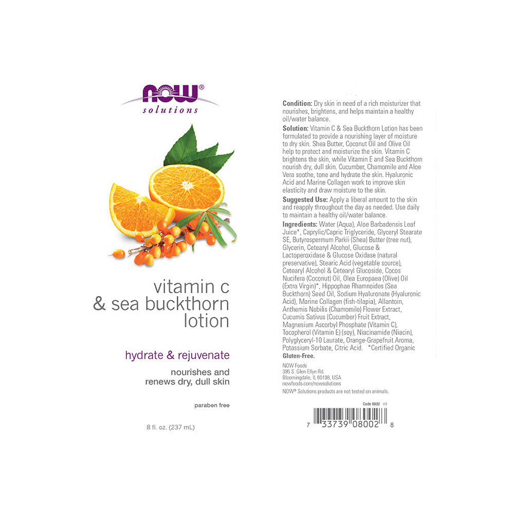 NOW Solutions, Vitamin C and Sea Buckthorn Lotion, Hydrates, Repairs and Nourishes Dry Dull Skin, 8-Ounce (237 ml) - Bloom Concept