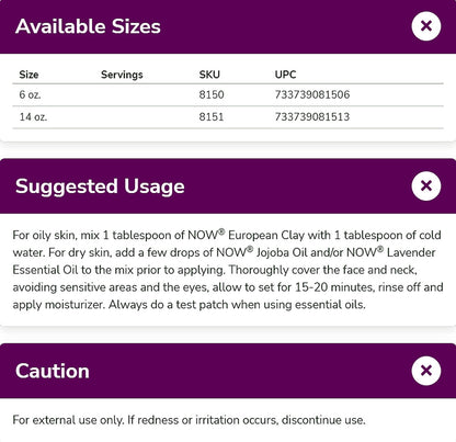 NOW Solutions, European Clay Powder, Pure Powder for a Detox Facial Cleansing Mask, 6-Ounce (170 g) Personal Care NOW Foods USA