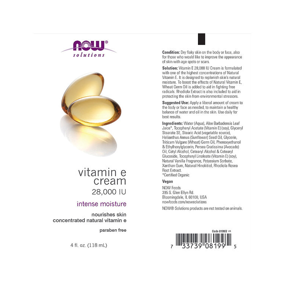 NOW Solutions, Vitamin E Cream 28,000 IU, Intense Moisture, Concentrated Vitamin E, 4-Ounce (118 ml) - Bloom Concept