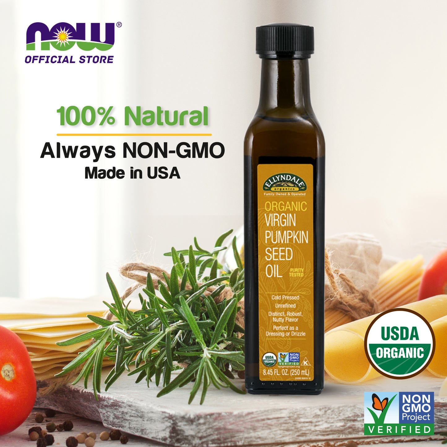 NOW Foods, Organic Virgin Pumpkin Seed Oil, Cold-Pressed, Unrefined, Distinct Robust, Nutty Flavor, Certified Non-GMO, 8.45-Ounce (250ml) - Bloom Concept