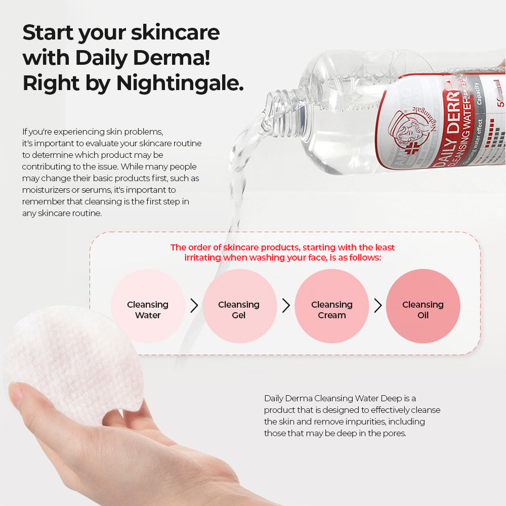 Nightingale Daily Derma Cleansing Water Deep 500ml (with 40 cotton pads set) - Mild Acidic Hypoallergenic - Bloom Concept