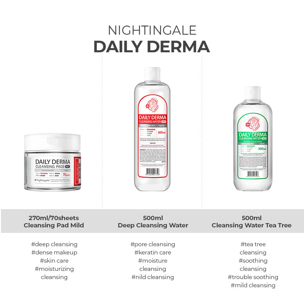 Nightingale Daily Derma Cleansing Water with 40 cotton pads set - Mild Acidic Hypoallergenic Cleansing Water 500ml - Bloom Concept