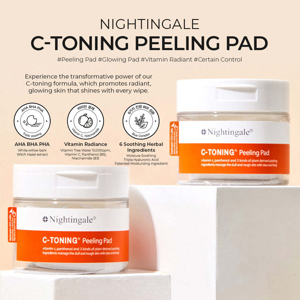Nightingale C Toning Peeling Pad - Korean Skincare Exfoliating Cotton Rounds for Face with Vitamin C, AHA, BHA, PHA, Witch Hazel, Hyaluronic Acid - Brighten, Smooth, and Exfoliate Your Skin! 60 Count/155m - Bloom Concept