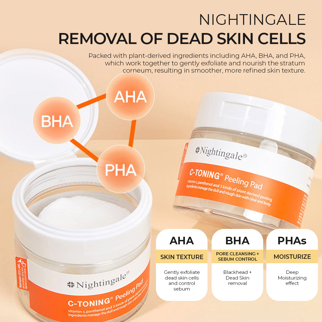 Nightingale C Toning Peeling Pad - Korean Skincare Exfoliating Cotton Rounds for Face with Vitamin C, AHA, BHA, PHA, Witch Hazel, Hyaluronic Acid - Brighten, Smooth, and Exfoliate Your Skin! 60 Count/155m - Bloom Concept