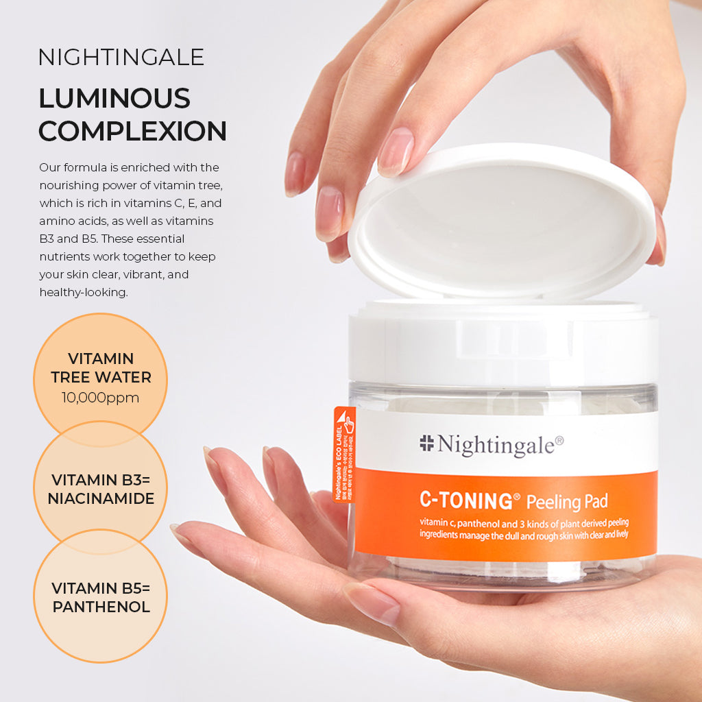 Nightingale C Toning Peeling Pad - Korean Skincare Exfoliating Cotton Rounds for Face with Vitamin C, AHA, BHA, PHA, Witch Hazel, Hyaluronic Acid - Brighten, Smooth, and Exfoliate Your Skin! 60 Count/155m - Bloom Concept