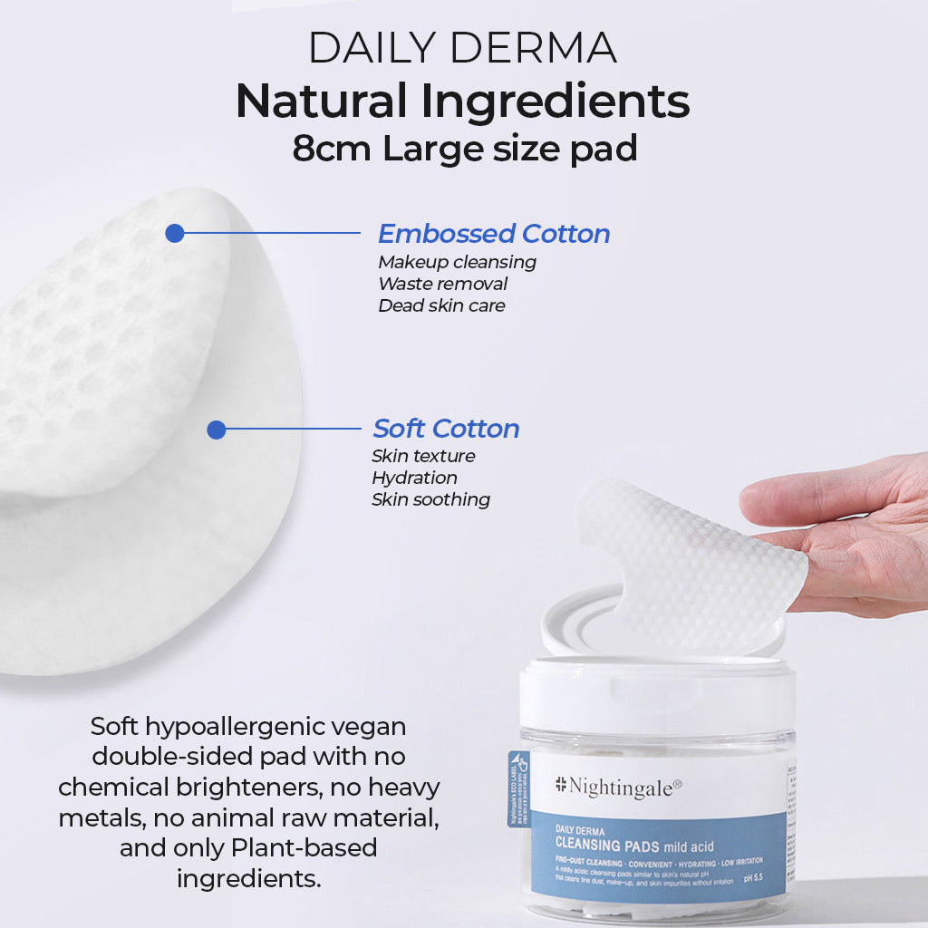 Gentle Daily Derma Cleansing Pads by Nightingale - Mild Acid pH 5.5 - Gentle Facial Cleanser for Sensitive Skin, Exfoliating, Sebum Control, Hydration, Korean Skincare (70 pads/10pads)) - Bloom Concept