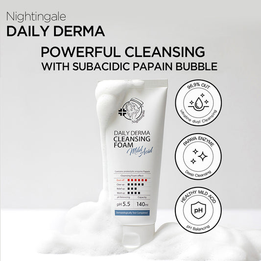 (Exp 10/24) Nightingale Daily Derma Cleansing Foam Mild Acid 140ml - Low pH Foaming Cleanser for Oily, Dry, Sensitive, Acne Prone Skin - Moisture Facial Wash - Bloom Concept