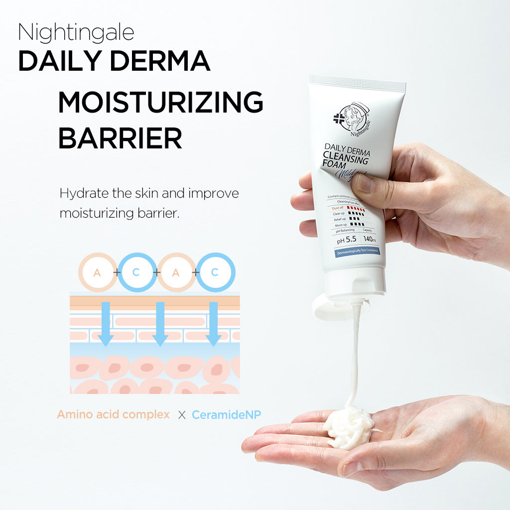 Nightingale Daily Derma Cleansing Foam - Mild Acid, Low pH Foaming Cleanser for Oily, Dry, Sensitive, Acne Prone Skin - Moisture Facial Wash - 140ml/4.73 fl. oz - Get Clean and Fresh Skin Every Day! - Bloom Concept