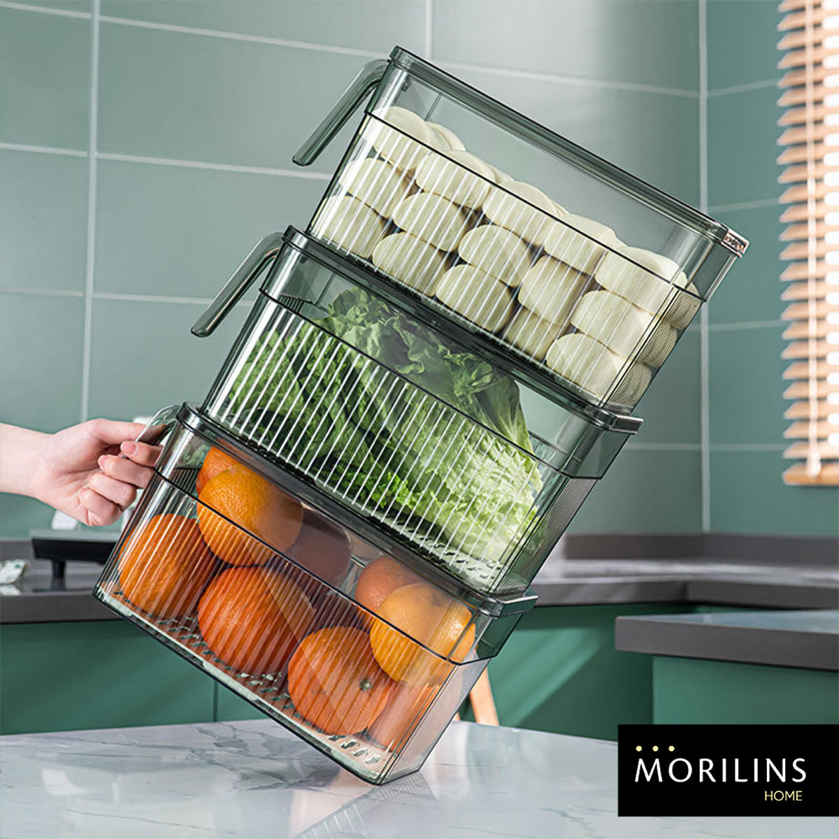 [Morilins Home] Designer Fridge Produce Organizer - BPA-Free, with Handle & Date Cover, Includes a Unique Condensation Tray for Fresh Produce Storage - Bloom Concept