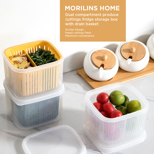 [Morilins Home] Set-of-2 Dual Compartment Cut Produce Fridge Storage - BPA-Free, With Draining Basket, and a great Space-Saver in Chic Minimalist - Bloom Concept