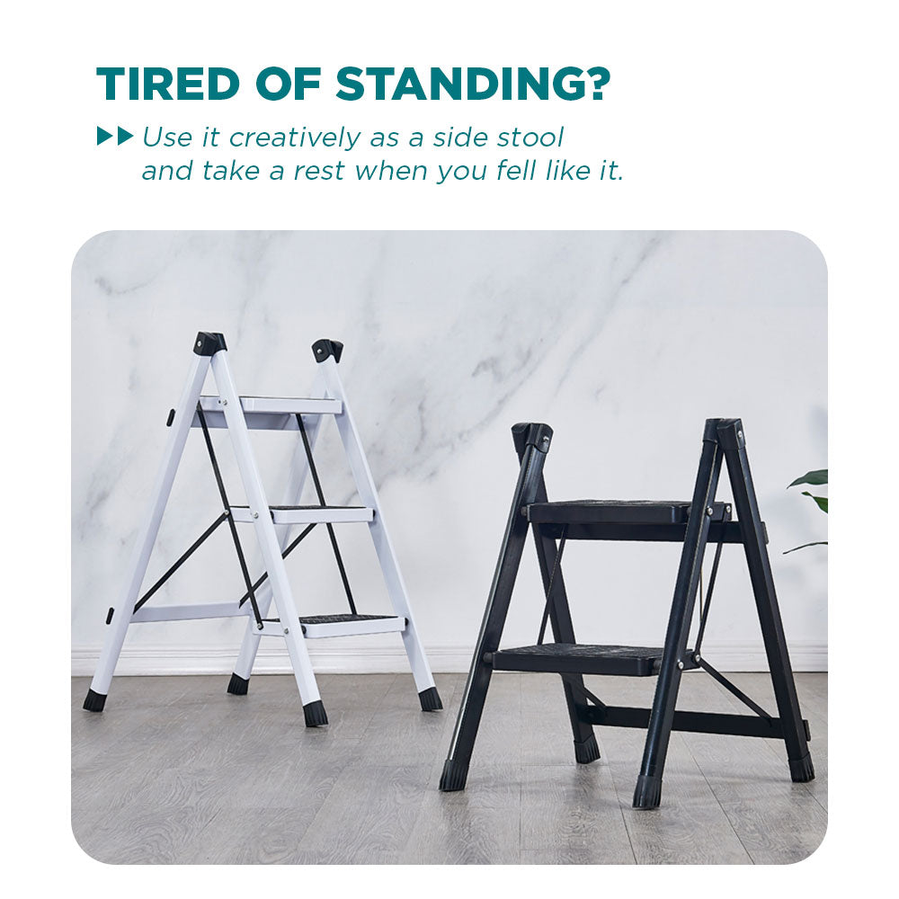 [Morilins Home] 3-Step Ladder Lightweight Folding Step Stool - Wide Anti-Slip Pedal, Supports up to 200kg, Household and Office Portable Stepladder - Bloom Concept