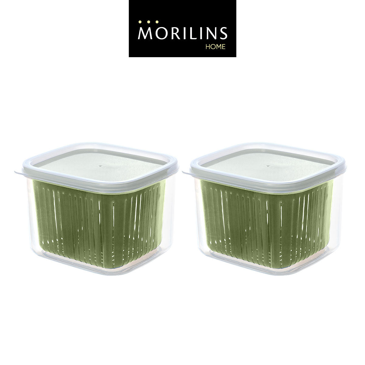 [Morilins Home] Set-of-2 Dual Compartment Cut Produce Fridge Storage - BPA-Free, With Draining Basket, and a great Space-Saver in Chic Minimalist - Bloom Concept