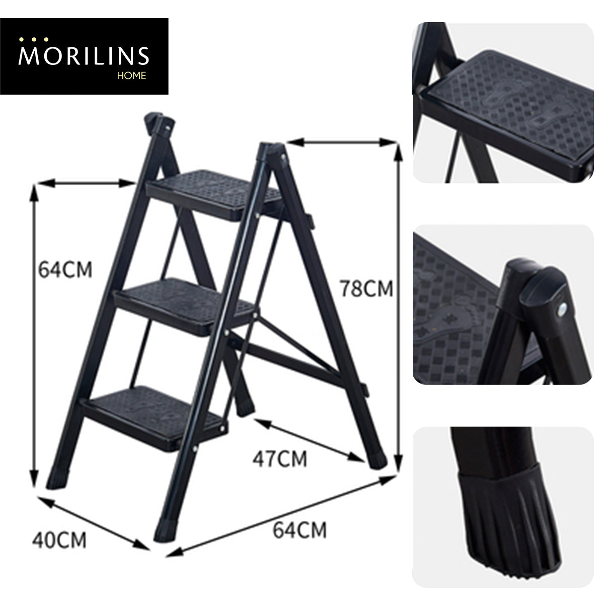[Morilins Home] 3-Step Ladder Lightweight Folding Step Stool - Wide Anti-Slip Pedal, Supports up to 200kg, Household and Office Portable Stepladder - Bloom Concept