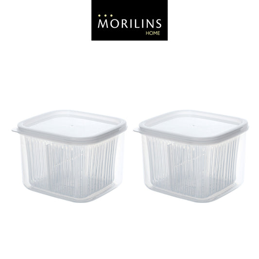 [Morilins Home] Set-of-2 Dual Compartment Cut Produce Fridge Storage - BPA-Free, With Draining Basket, and a great Space-Saver in Chic Minimalist - Bloom Concept