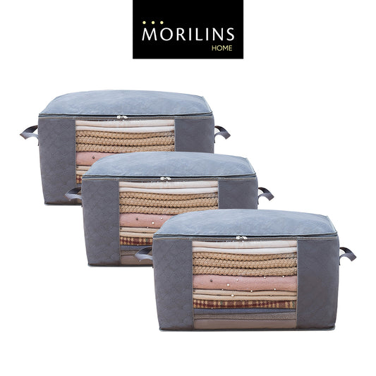 [Morilins Home] Set-of-3 Collapsible Foldable Garment Storage Organizer - Window, Reinforced Handle, and Durable Design for Heavy Loads - Space Grey - Bloom Concept