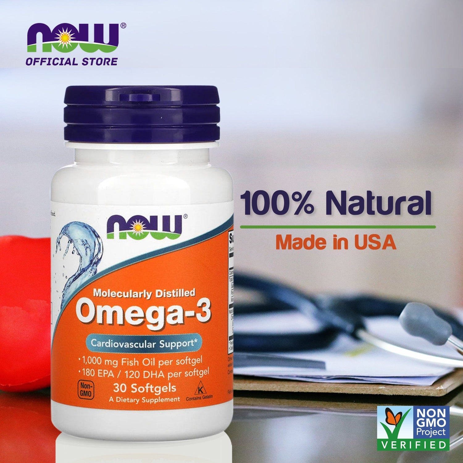 NOW Supplements, Omega-3 180 EPA / 120 DHA, Molecularly Distilled, Cardiovascular Support*, 30 Softgels - Bloom Concept