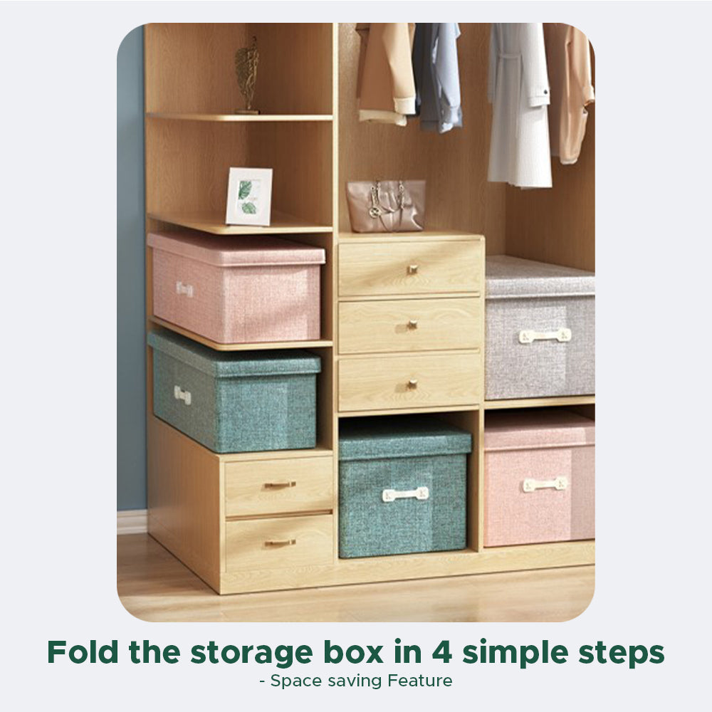 [Morilins Home] Collapsible Storage Organization Box - Rigid Linen Fabric Storage with Cover & Leather Handle - Perfect for Space-Saving Storage Solutions - Bloom Concept