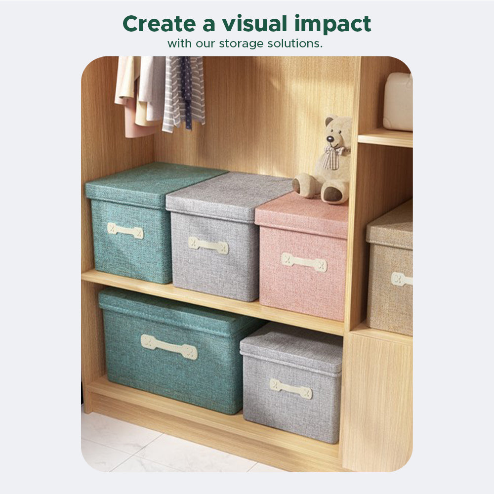 [Morilins Home] Collapsible Storage Organization Box - Rigid Linen Fabric Storage with Cover & Leather Handle - Perfect for Space-Saving Storage Solutions - Bloom Concept